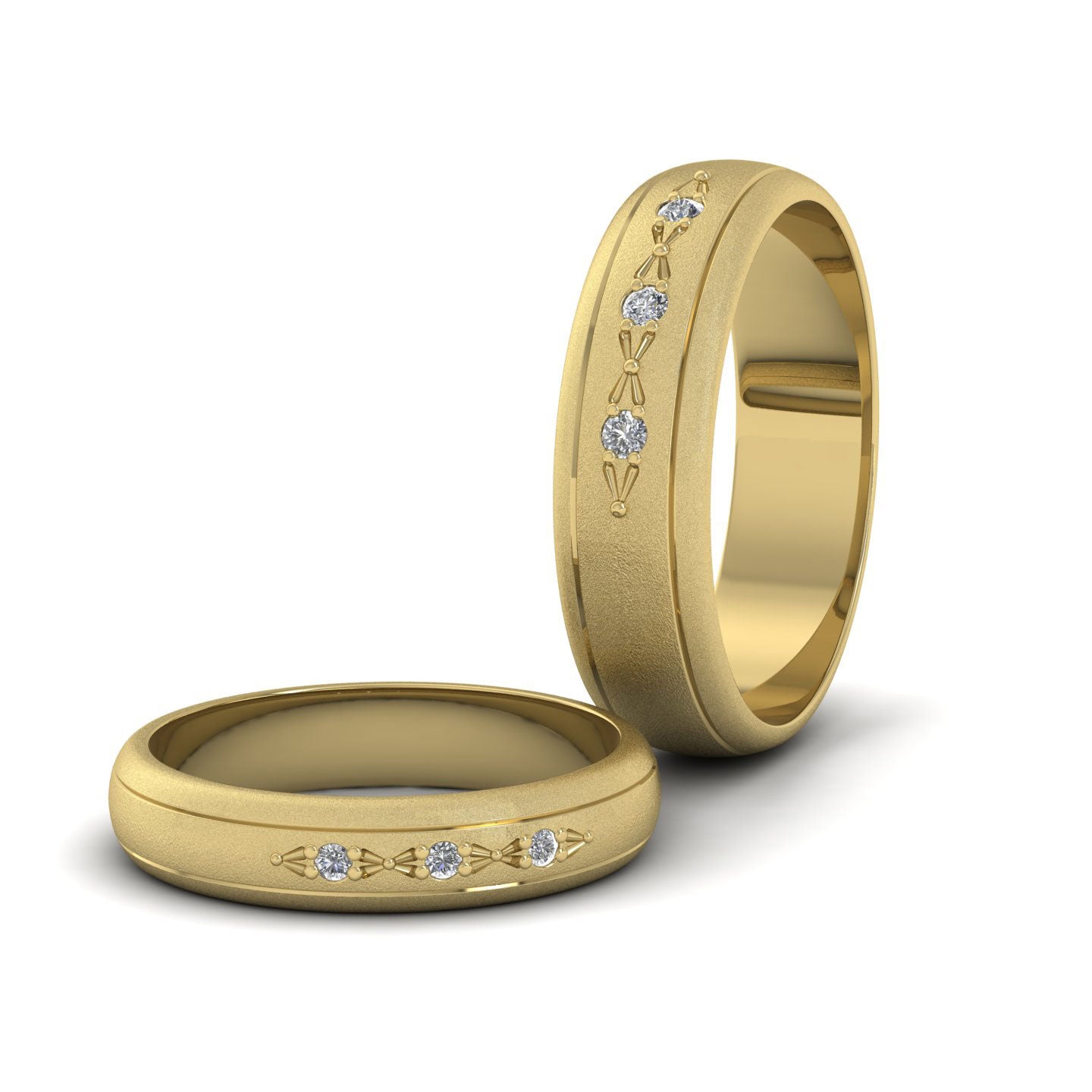 Three Diamond Set 14ct Yellow Gold 4mm Wedding Ring With Lines