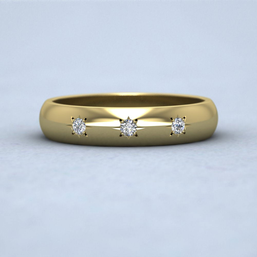 Three Star Diamond Set 9ct Yellow Gold 4mm Wedding Ring Down View