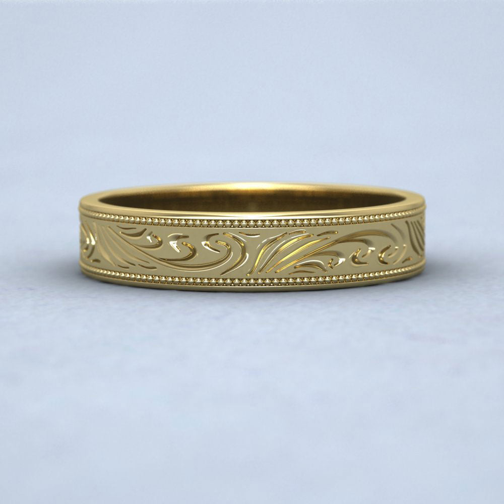Engraved 14ct Yellow Gold 4mm Flat Wedding Ring With Millgrain Edge