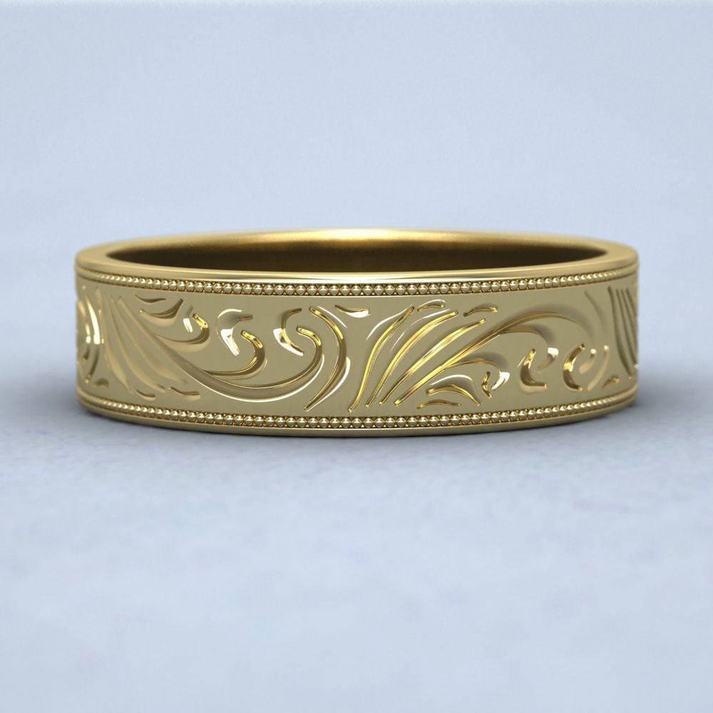 Engraved 18ct Yellow Gold 6mm Flat Wedding Ring With Millgrain Edge