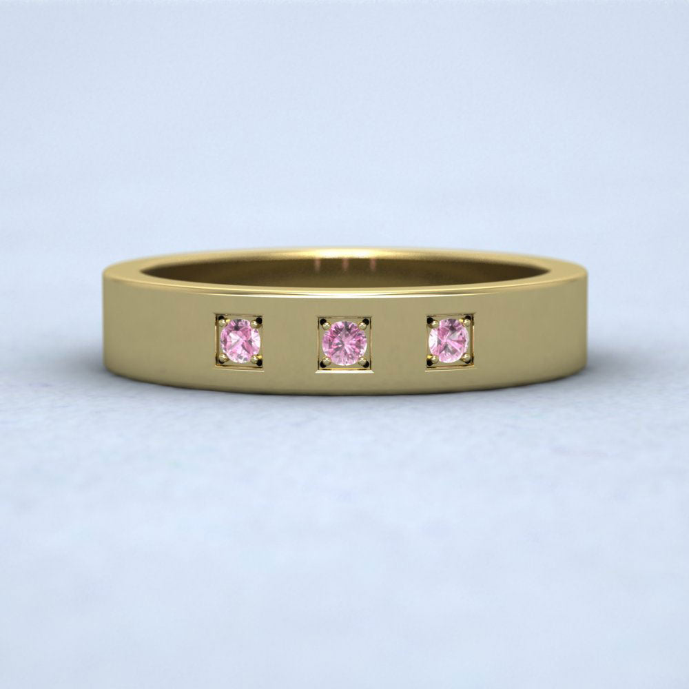 Three Pink Sapphires With Square Setting 9ct Yellow Gold 4mm Wedding Ring Down View