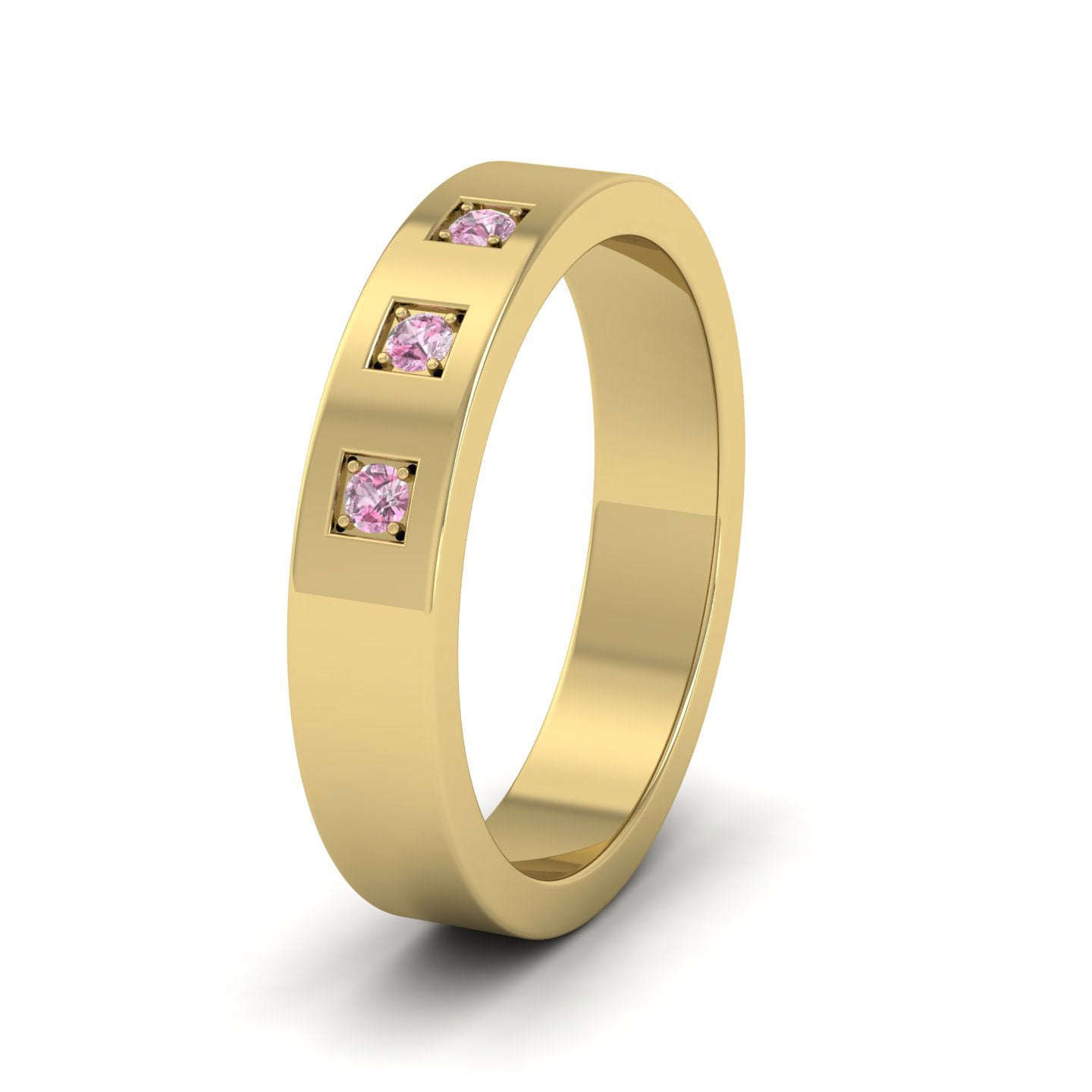 Three Pink Sapphires With Square Setting 9ct Yellow Gold 4mm Wedding Ring
