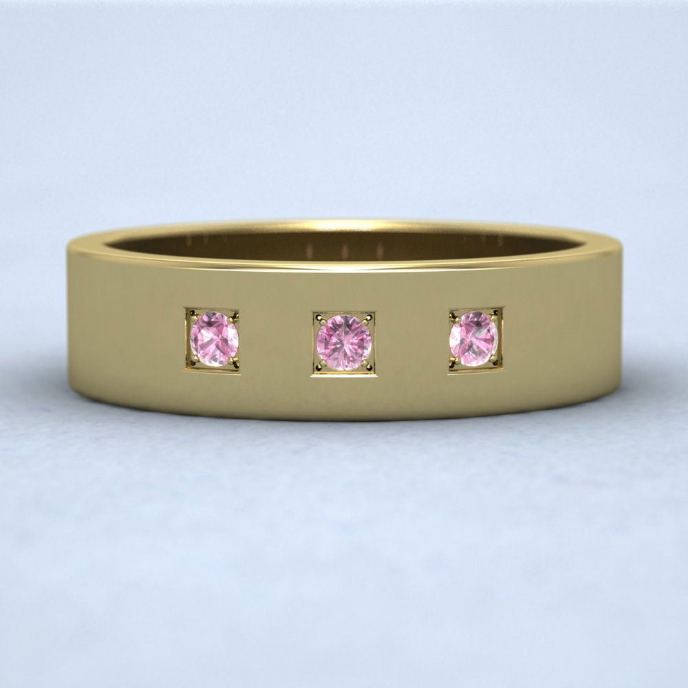 Three Pink Sapphires With Square Setting 14ct Yellow Gold 6mm Wedding Ring Down View