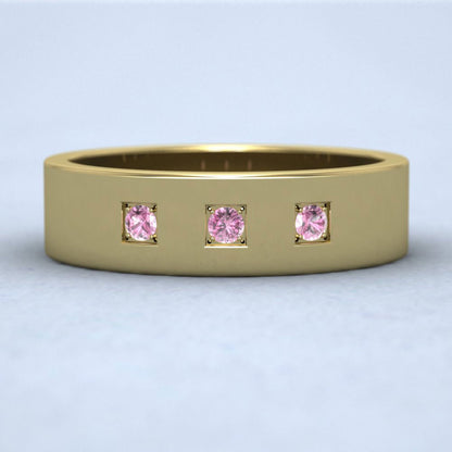 Three Pink Sapphires With Square Setting 18ct Yellow Gold 6mm Wedding Ring Down View