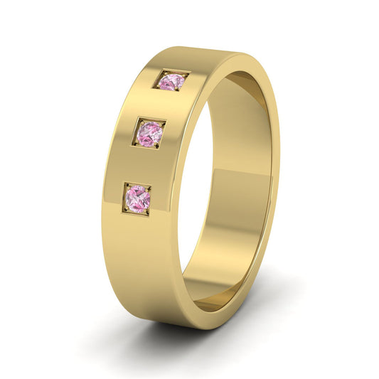 Three Pink Sapphires With Square Setting 18ct Yellow Gold 6mm Wedding Ring