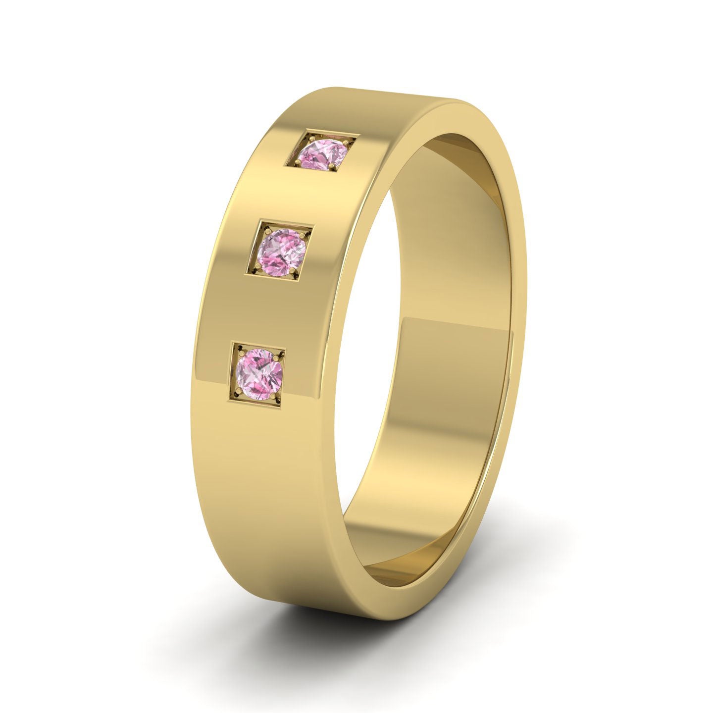 Three Pink Sapphires With Square Setting 14ct Yellow Gold 6mm Wedding Ring