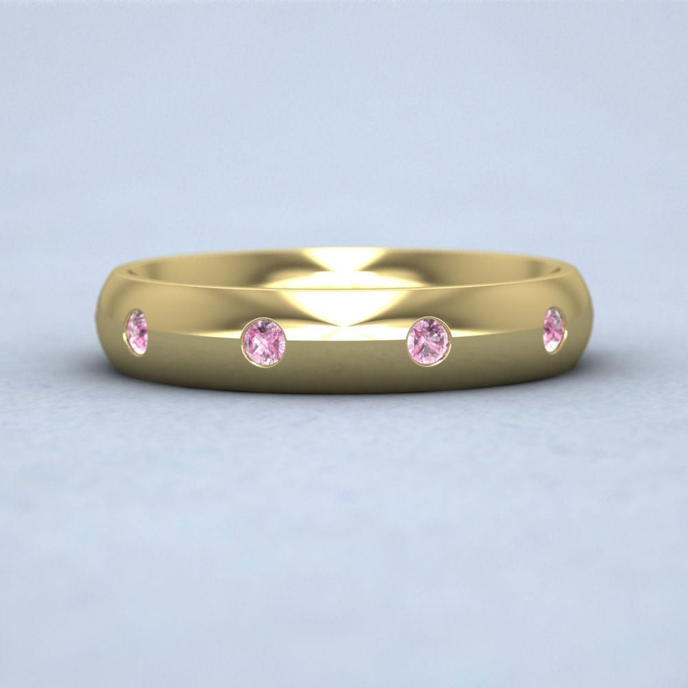 Ten Pink Sapphire Set Flush 14ct Yellow Gold 4mm Wedding Ring Down View