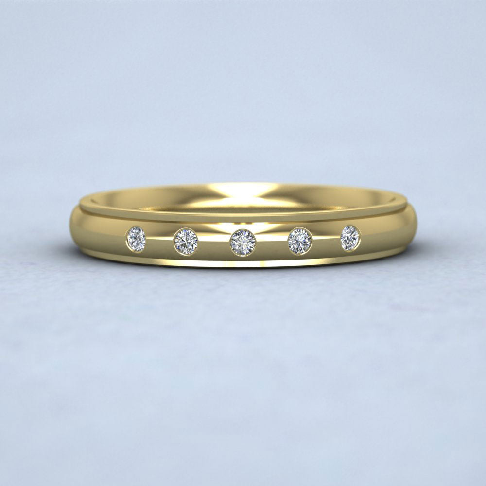 Line Pattern And Five Diamond Set 14ct Yellow Gold 3mm Wedding Ring Down View