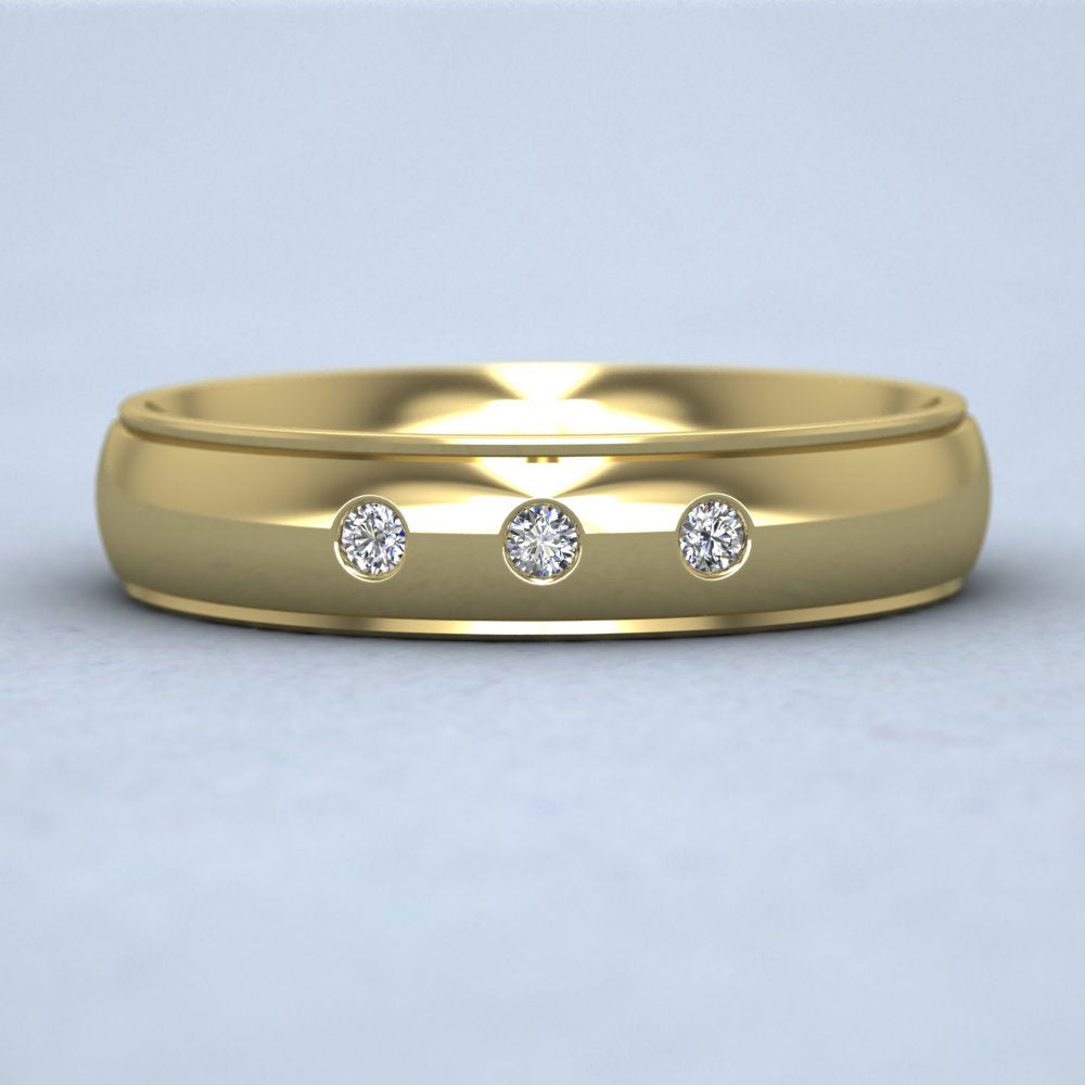 Line Pattern And Three Diamond Set 9ct Yellow Gold 5mm Wedding Ring Down View