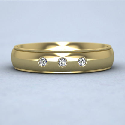 Line Pattern And Three Diamond Set 9ct Yellow Gold 5mm Wedding Ring Down View