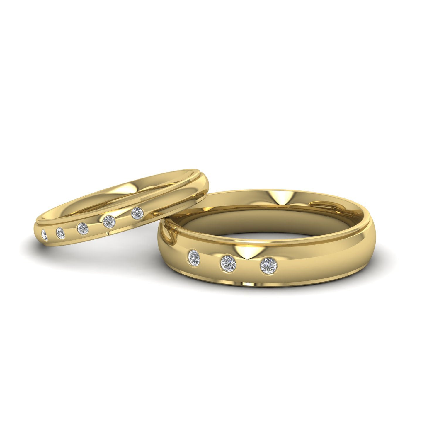 Line Pattern And Three Diamond Set 18ct Yellow Gold 5mm Wedding Ring