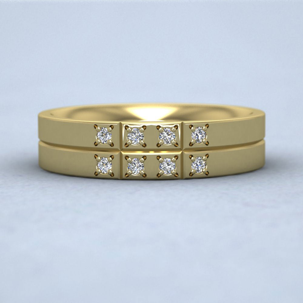 Cross Line Patterned And Diamond Set 14ct Yellow Gold 5mm Flat Comfort Fit Wedding Ring Down View