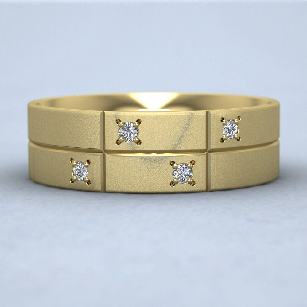Cross Line Patterned And Diamond Set 9ct Yellow Gold 7mm Flat Comfort Fit Wedding Ring Down View