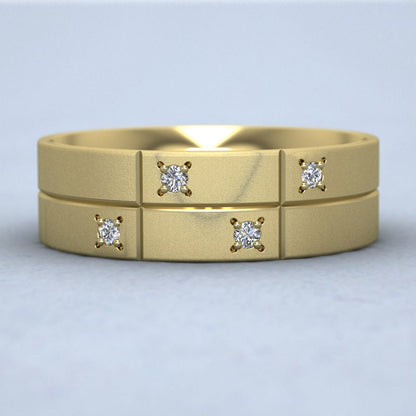 Cross Line Patterned And Diamond Set 9ct Yellow Gold 7mm Flat Comfort Fit Wedding Ring Down View