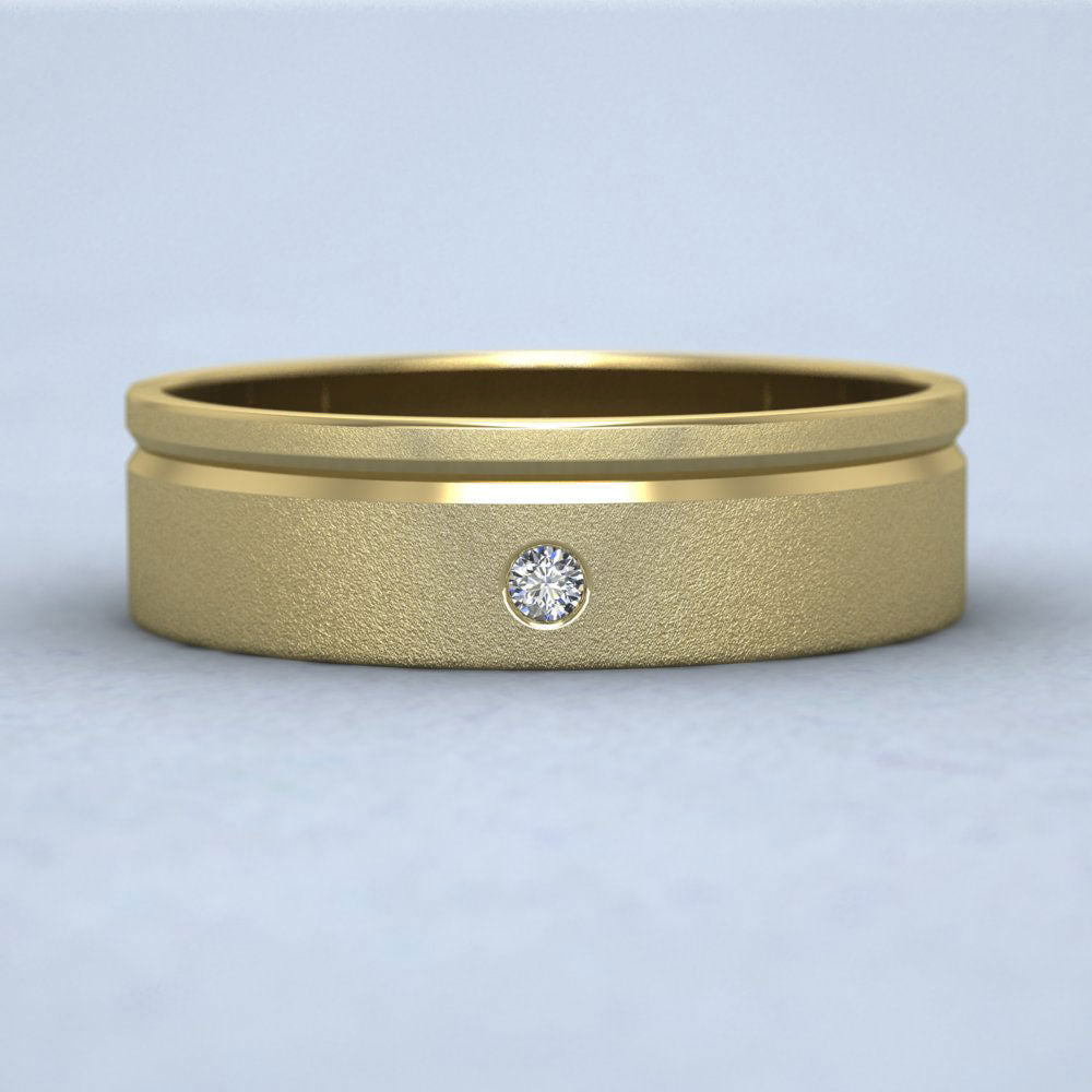Diamond Set And Asymmetric Line Patterned 9ct Yellow Gold 6mm Wedding Ring Down View