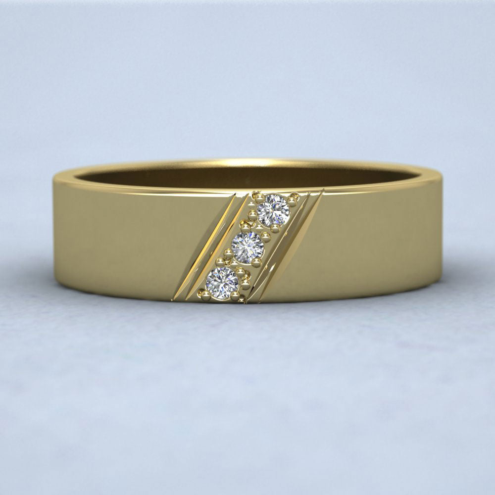 Three Diagonal Diamond Set 18ct Yellow Gold 6mm Wedding Ring Down View