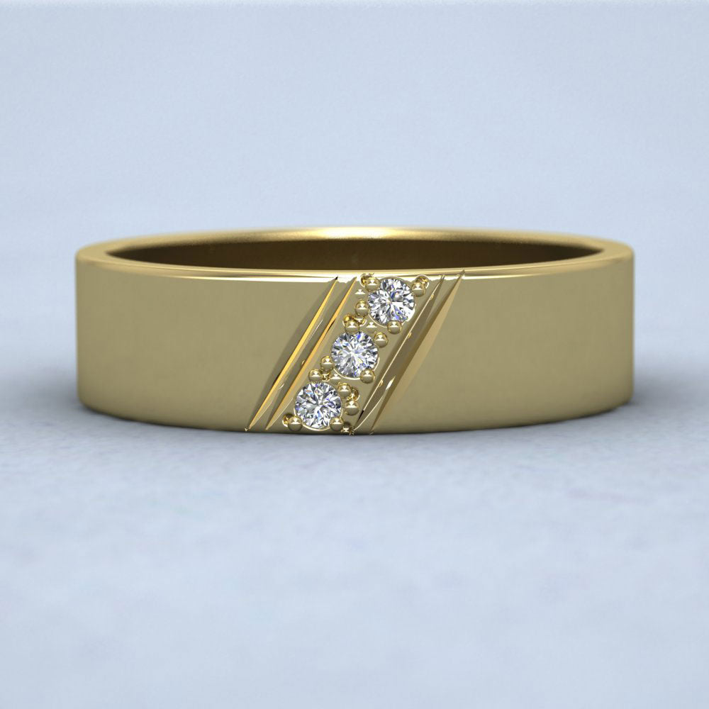 Three Diagonal Diamond Set 22ct Yellow Gold 6mm Wedding Ring Down View