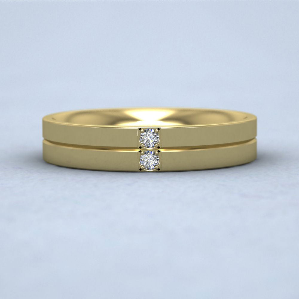 Two Diamond And Line Pattern 18ct Yellow Gold 4mm Wedding Ring