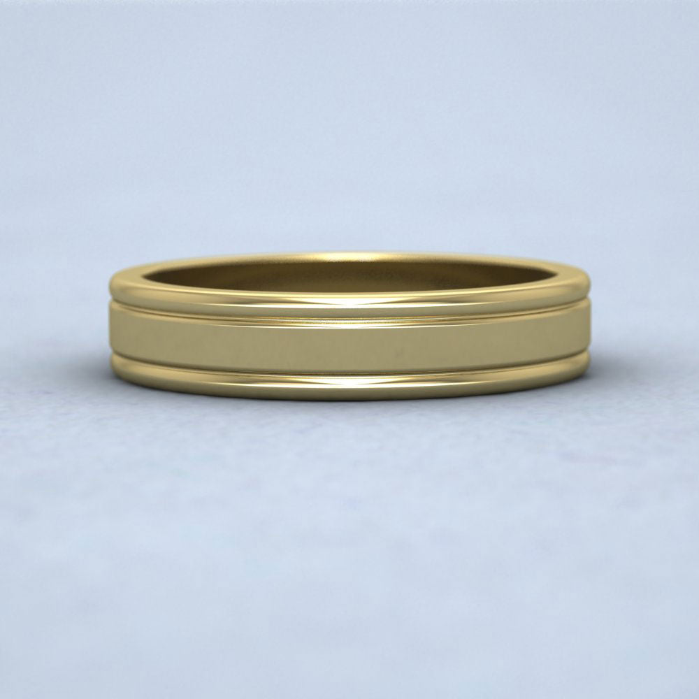 Rounded Edge Grooved Pattern Flat 14ct Yellow Gold 4mm Flat Wedding Ring