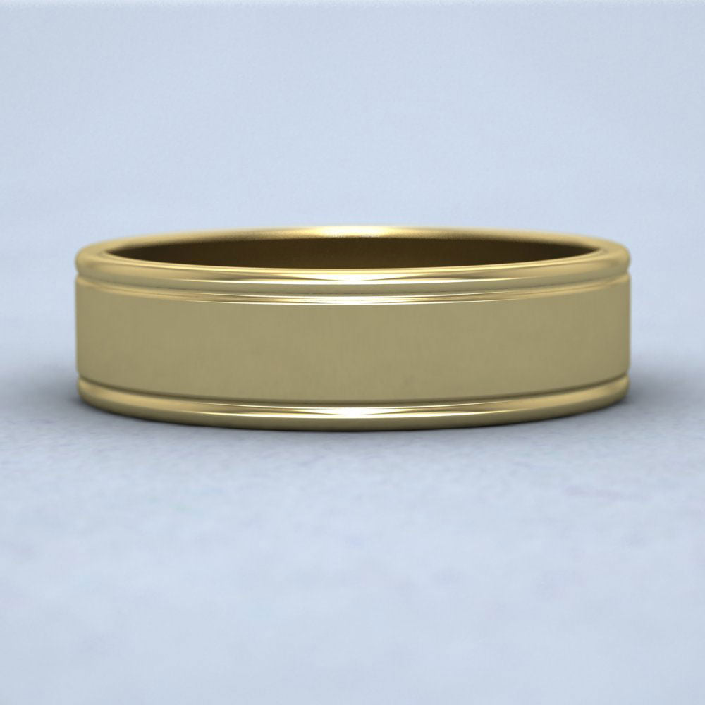 Rounded Edge Grooved Pattern Flat 18ct Yellow Gold 6mm Flat Wedding Ring