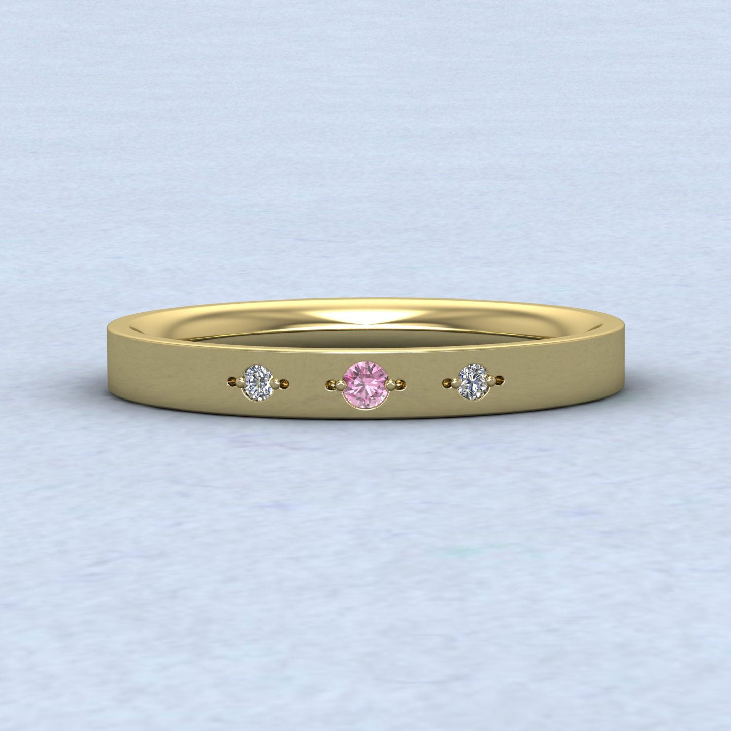 Three Diamond And Pink Sapphire Set 14ct Yellow Gold 2.5mm Wedding Ring