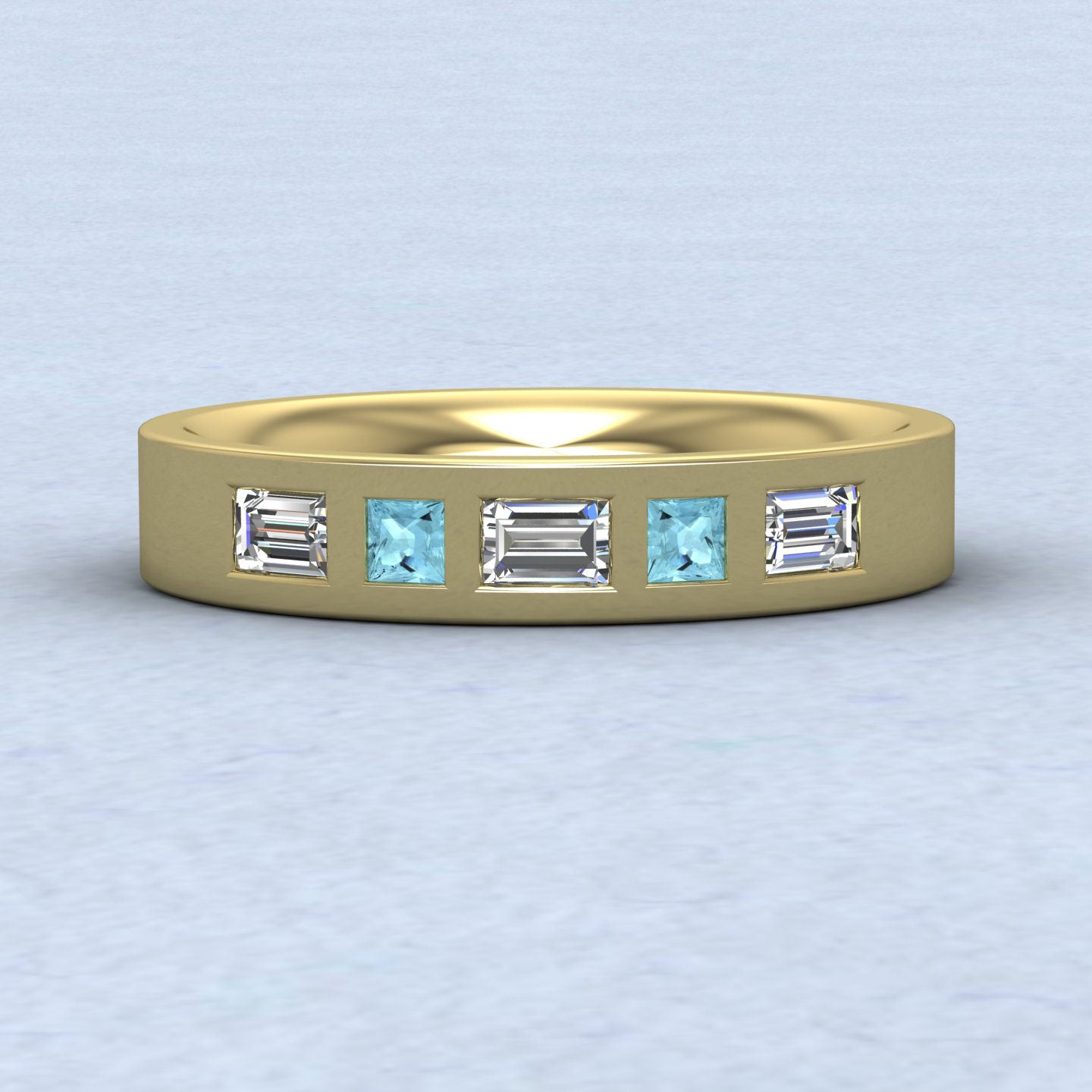 Aquamarine And Diamond Set (0.4ct Vs, F/G) 14ct Yellow Gold 4mm Wedding Ring