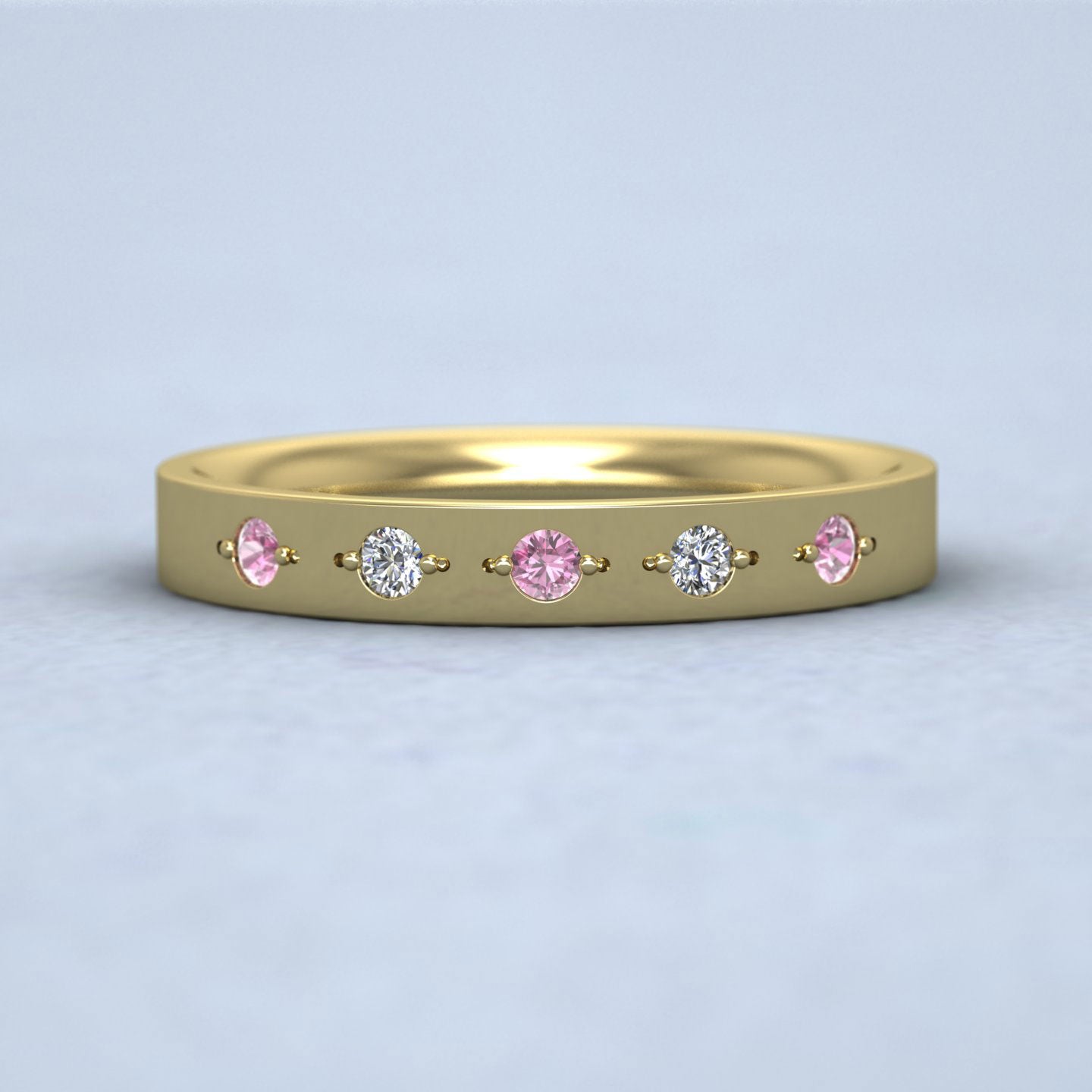 Diamond And Pink Sapphire Set 18ct Yellow Gold 3mm Wedding Ring