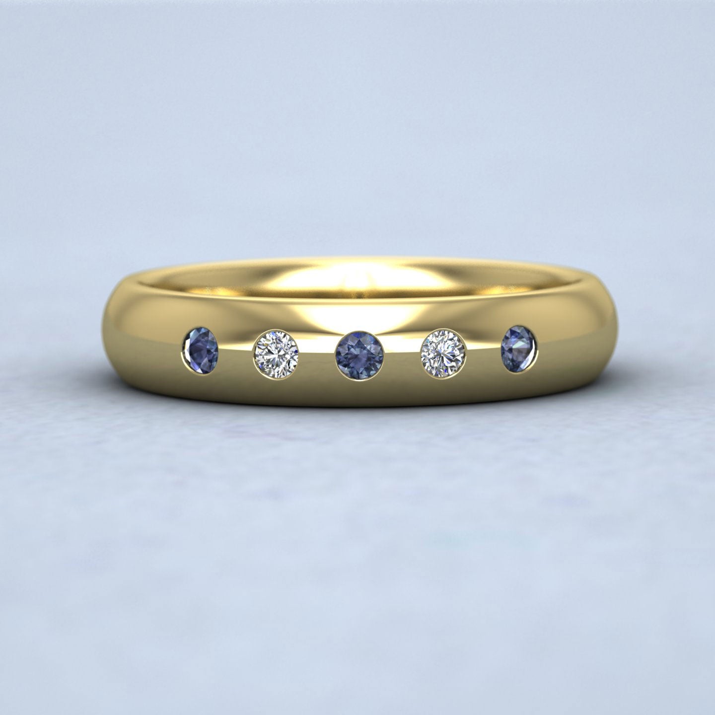 Blue Sapphire And Diamond Flush Set 14ct Yellow Gold 4mm Wedding Ring