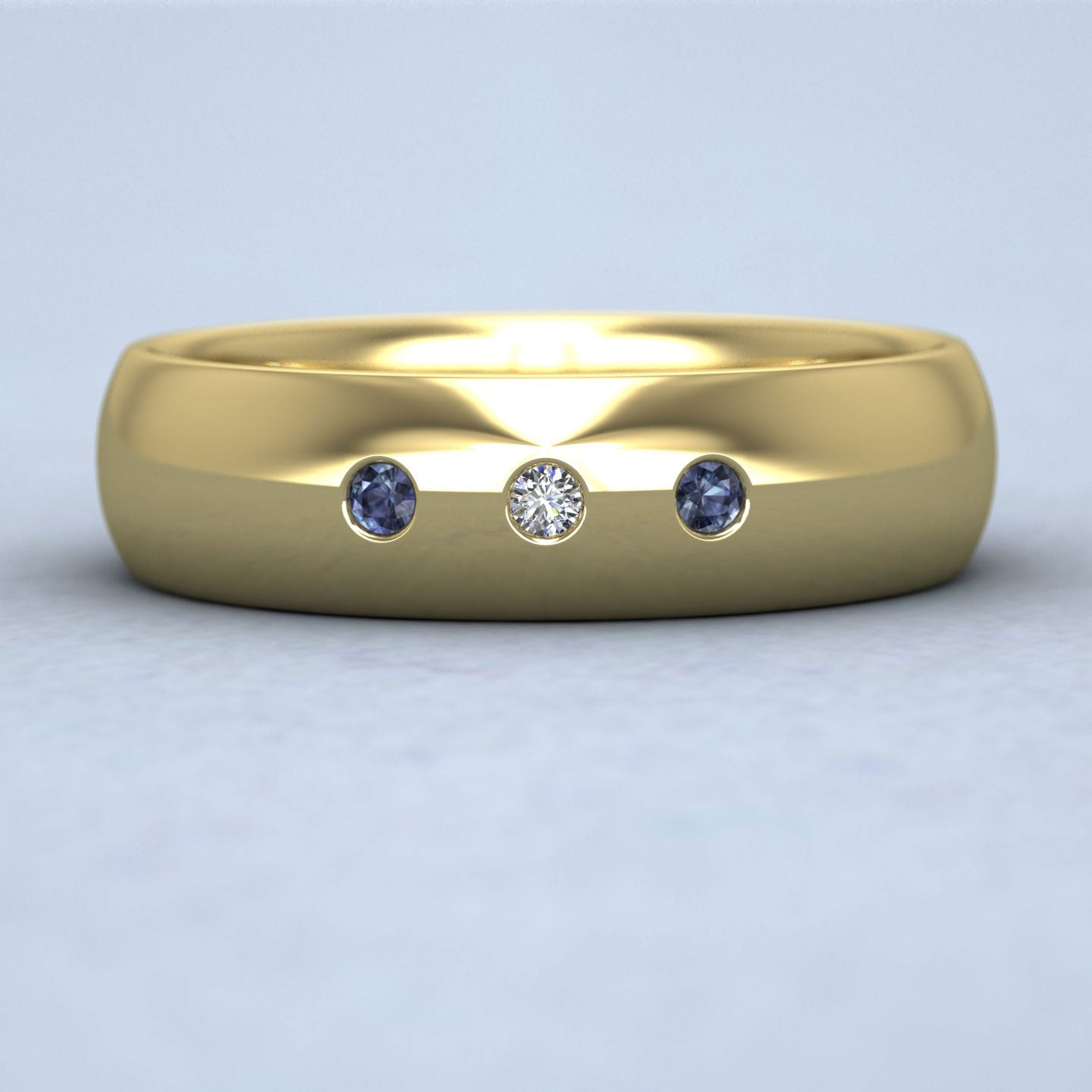 Blue Sapphire And Diamond Flush Set 14ct Yellow Gold 6mm Wedding Ring