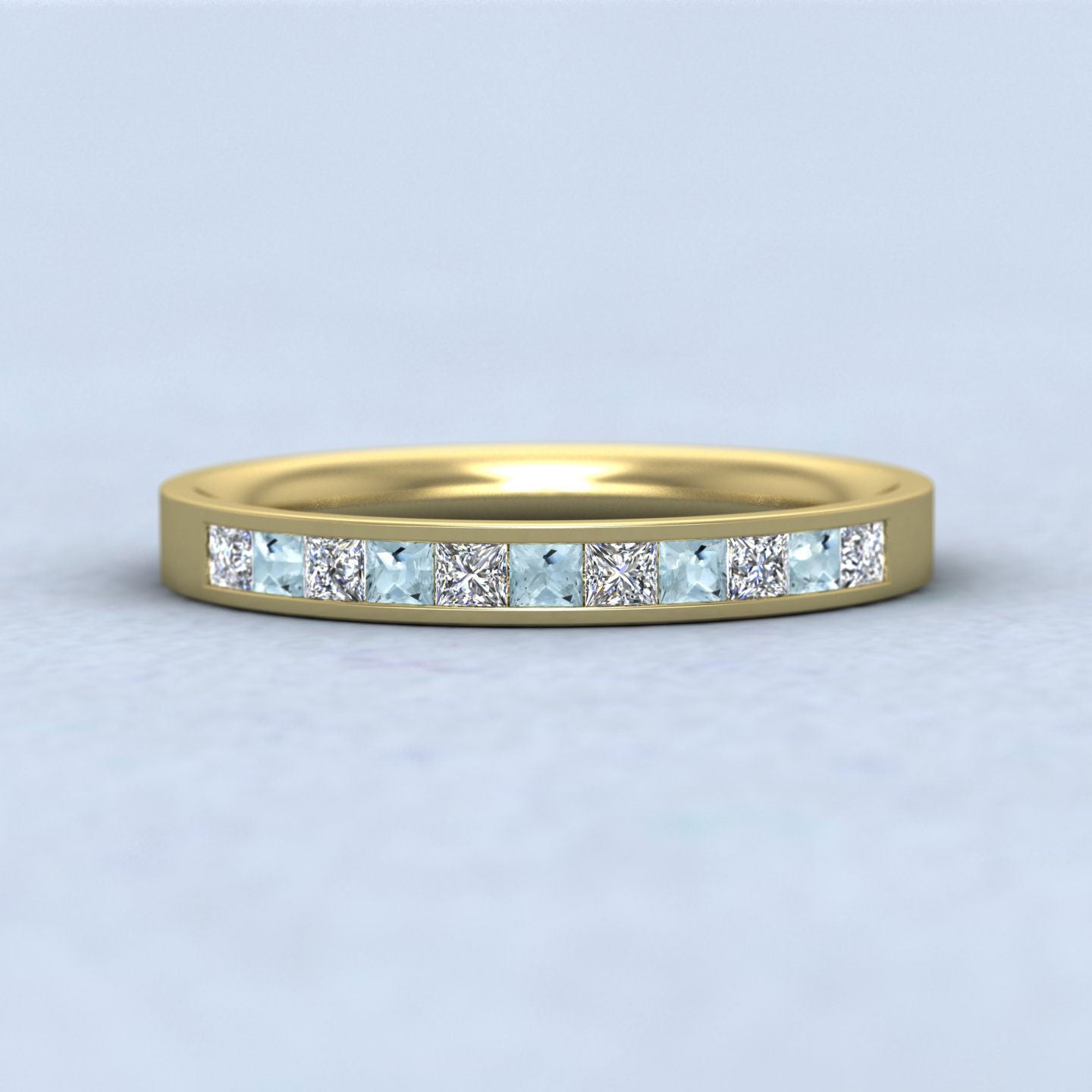 Channel Set Diamond And Aquamarine 14ct Yellow Gold 2.5mm Wedding Ring