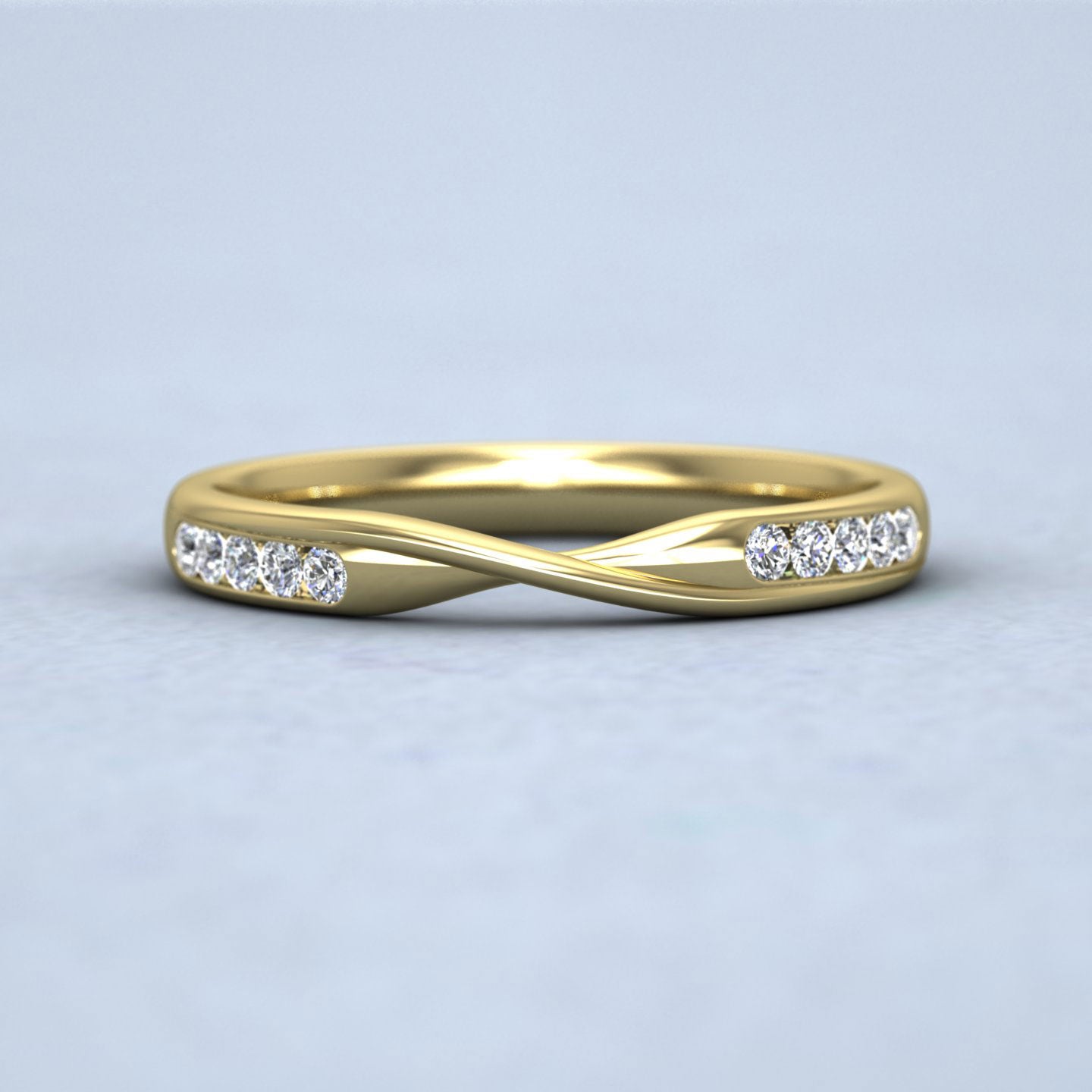 Crossover Pattern Wedding Ring In 18ct Yellow Gold 2.5mm Wide With Eight Diamonds
