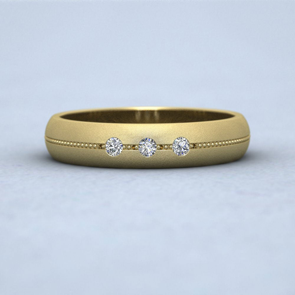 Three Diamond And Centre Millgrain Pattern 14ct Yellow Gold 4mm Wedding Ring Down View