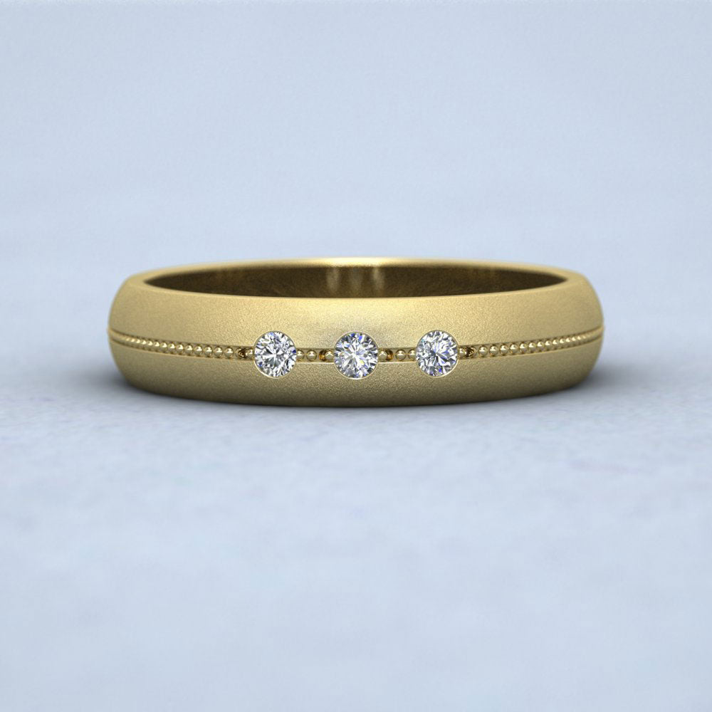 Three Diamond And Centre Millgrain Pattern 18ct Yellow Gold 4mm Wedding Ring Down View
