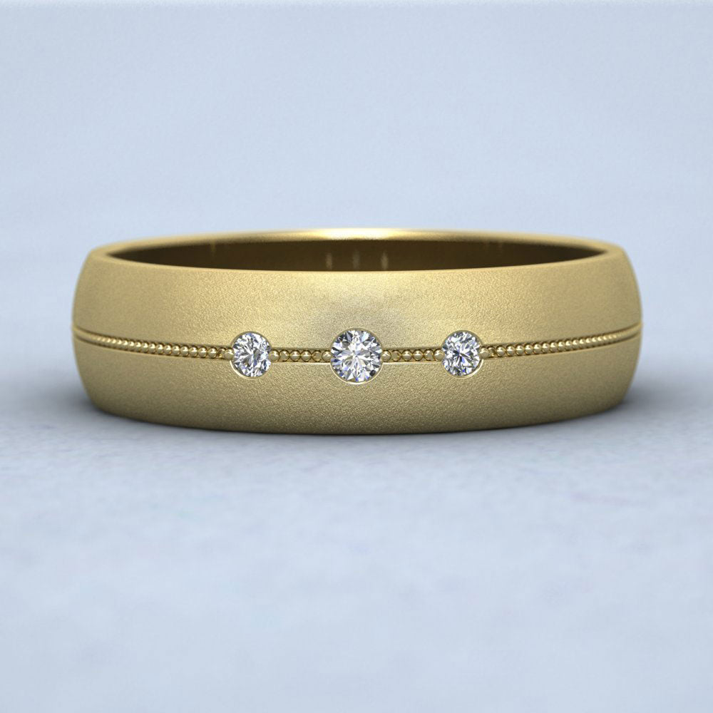 Three Diamond And Centre Millgrain Pattern 9ct Yellow Gold 6mm Wedding Ring Down View