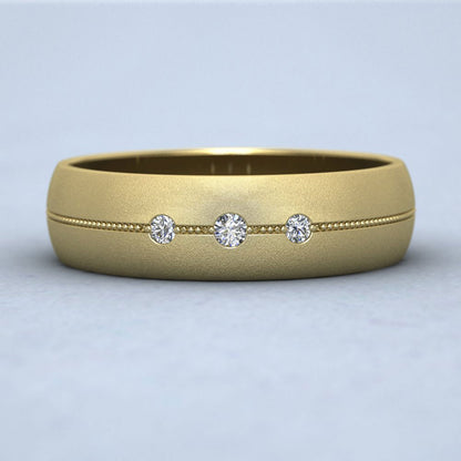 Three Diamond And Centre Millgrain Pattern 9ct Yellow Gold 6mm Wedding Ring Down View