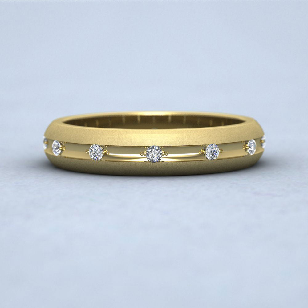 Wedding Ring With Concave Groove Set With Twelve Diamonds 4mm Wide In 9ct Yellow Gold Down View