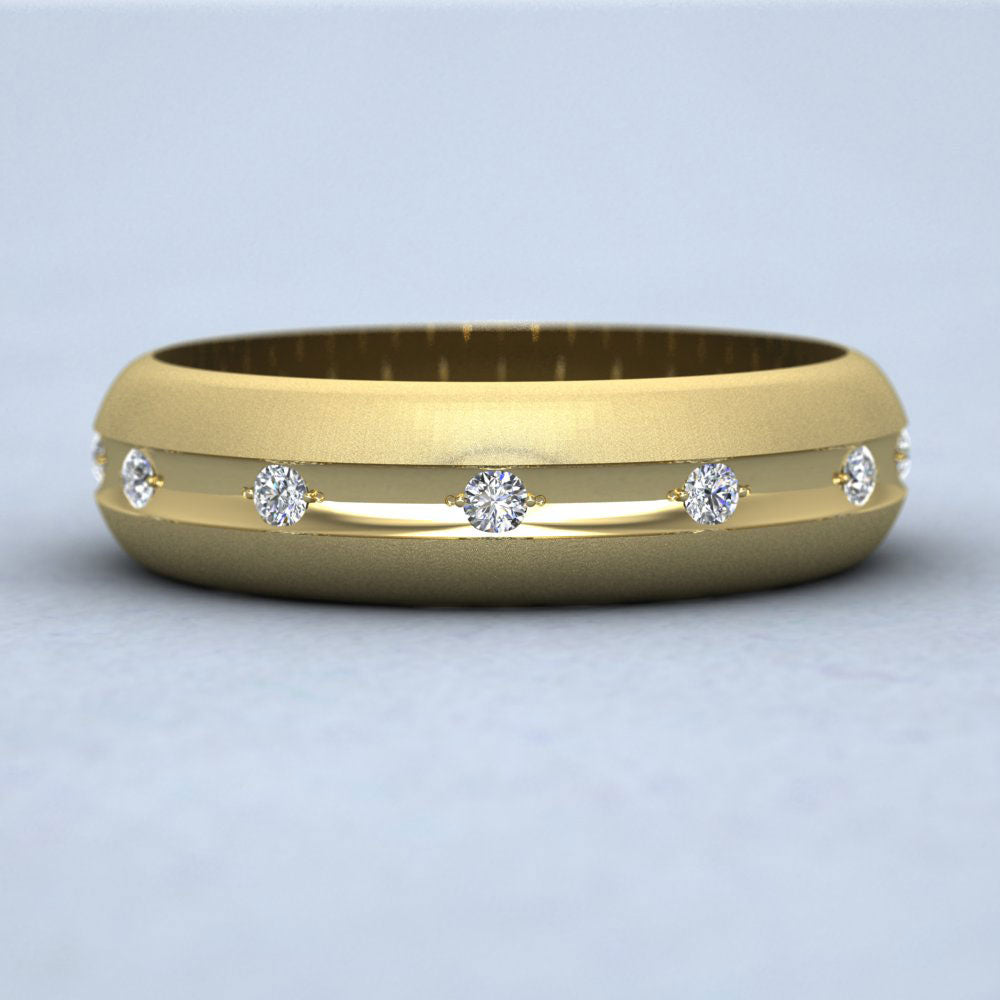 Wedding Ring With Concave Groove Set With Twelve Diamonds 6mm Wide In 9ct Yellow Gold Down View