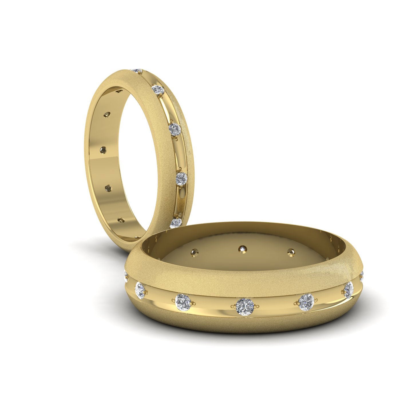 Wedding Ring With Concave Groove Set With Twelve Diamonds 4mm Wide In 14ct Yellow Gold