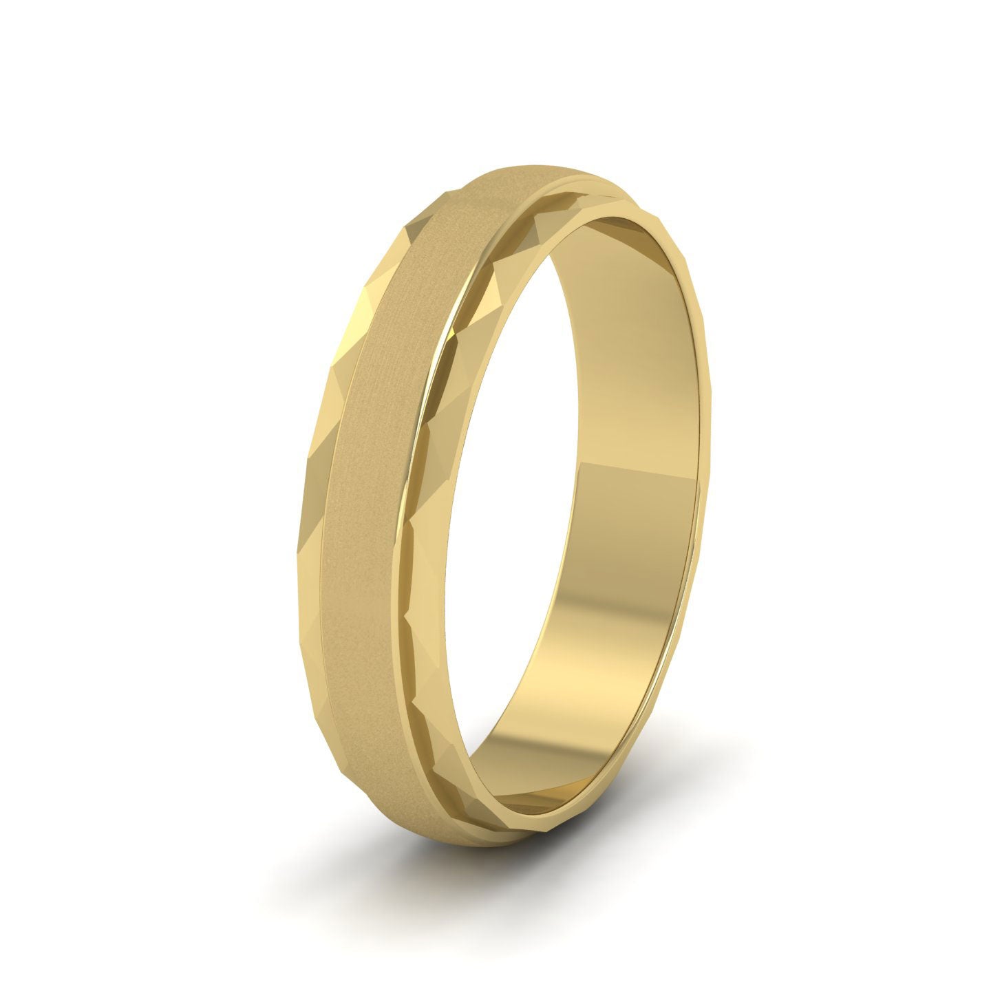 Flat Edge Facetted Cut Patterned And Matt Finish 18ct Yellow Gold 5mm Wedding Ring
