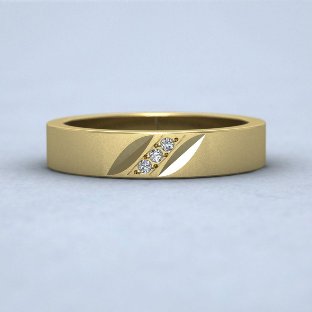 Diagonal Cut And Diamond Set 14ct Yellow Gold 4mm Flat Wedding Ring Down View