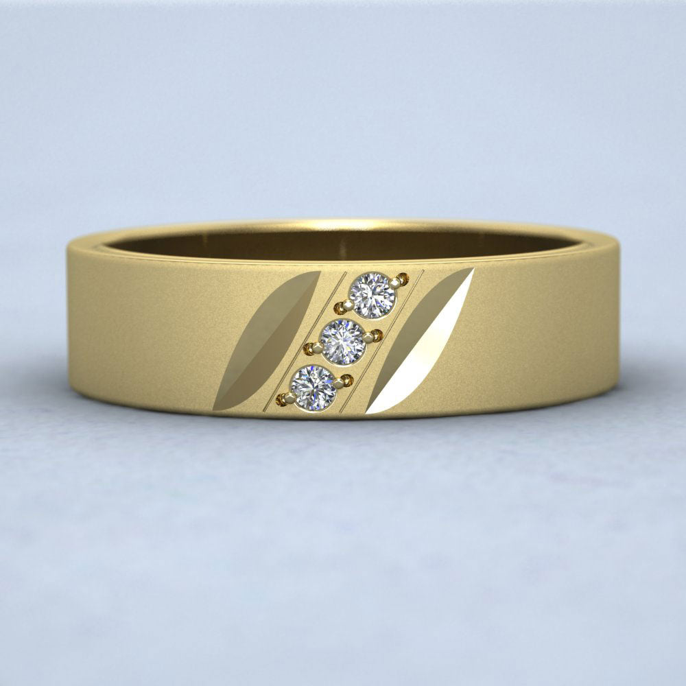 Diagonal Cut And Diamond Set 9ct Yellow Gold 6mm Flat Wedding Ring Down View