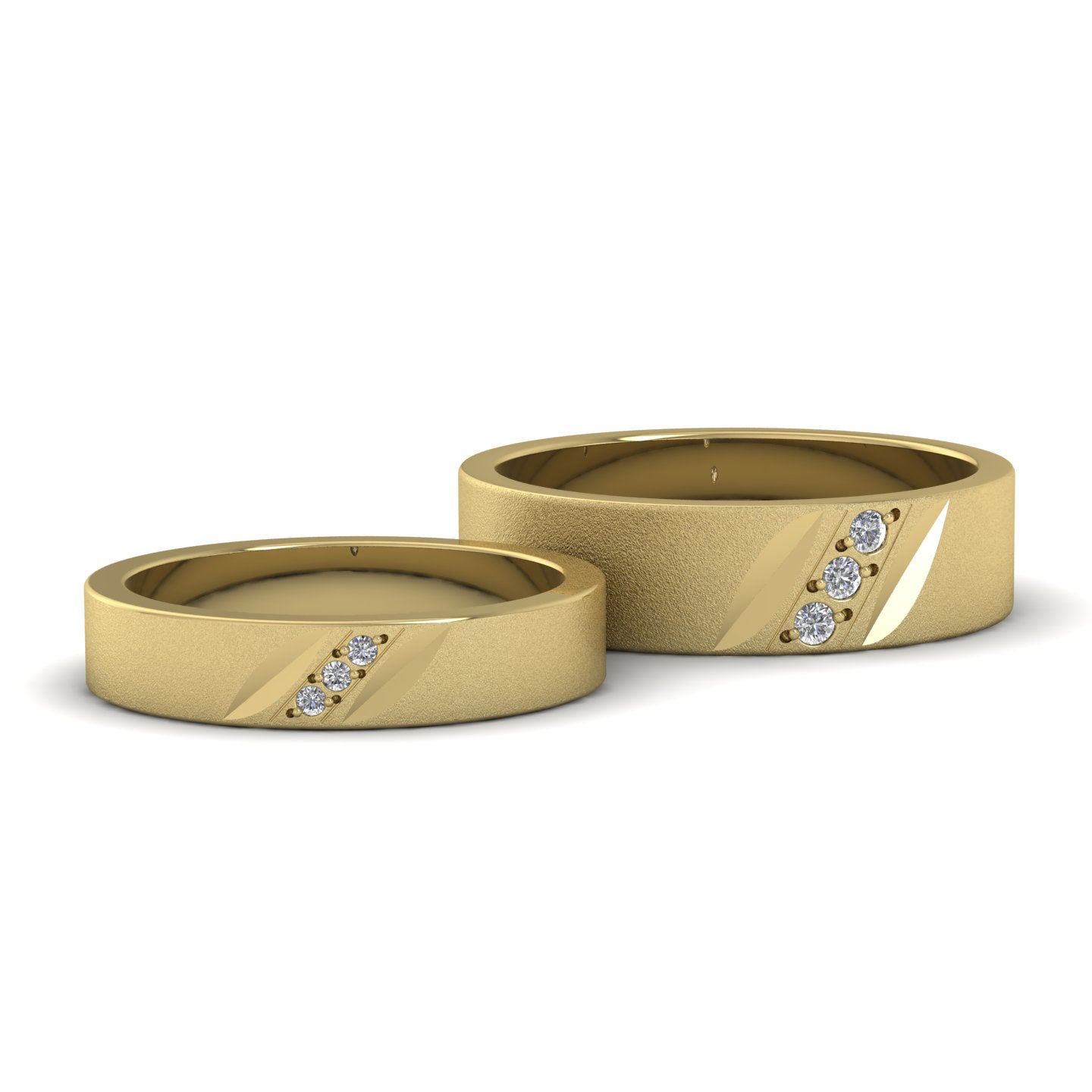 Diagonal Cut And Diamond Set 14ct Yellow Gold 4mm Flat Wedding Ring