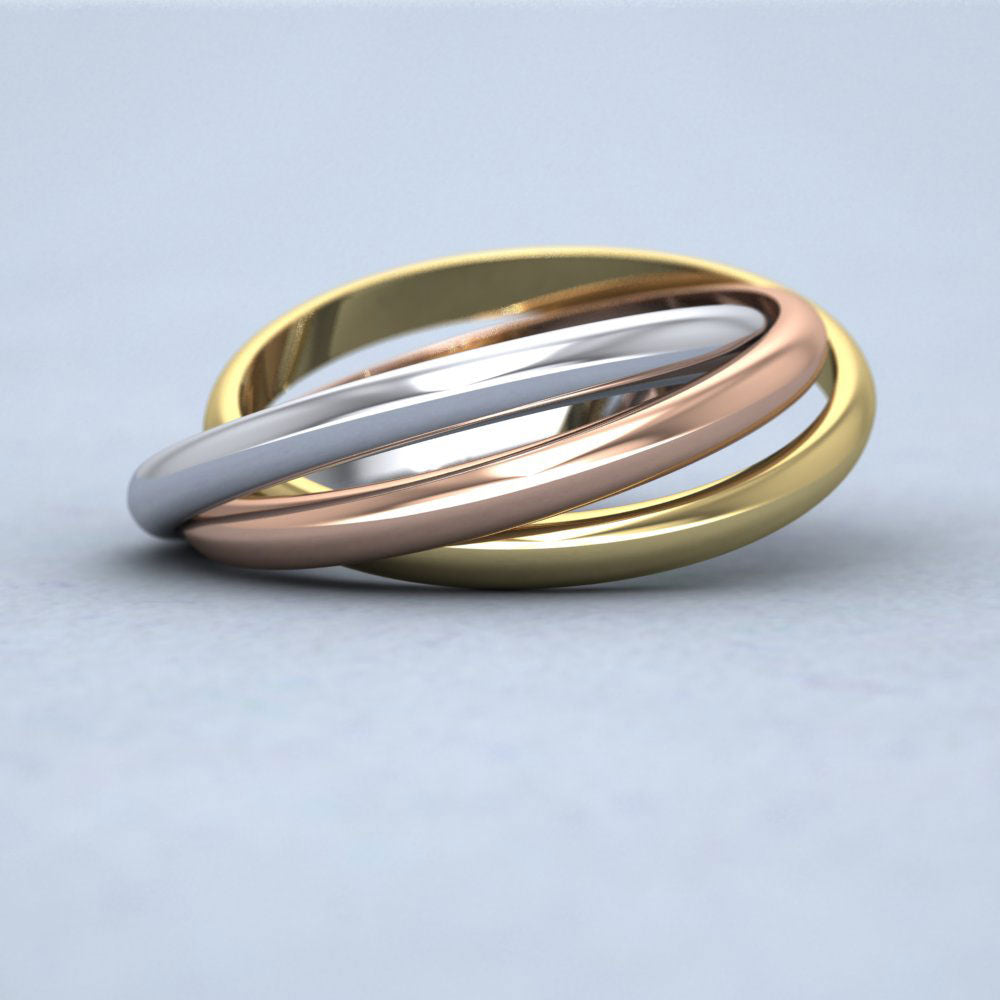 Three Colour 2mm Interlocking Wedding Rings In 9ct Yellow, White And Rose Gold Down View