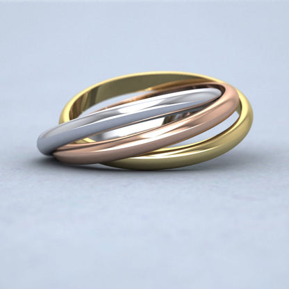 Three Colour 2mm Interlocking Wedding Rings In 18ct Yellow, White And Rose Gold Down View