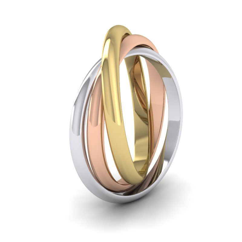 Three Colour 2mm Interlocking Wedding Rings In 9ct Yellow, White And Rose Gold