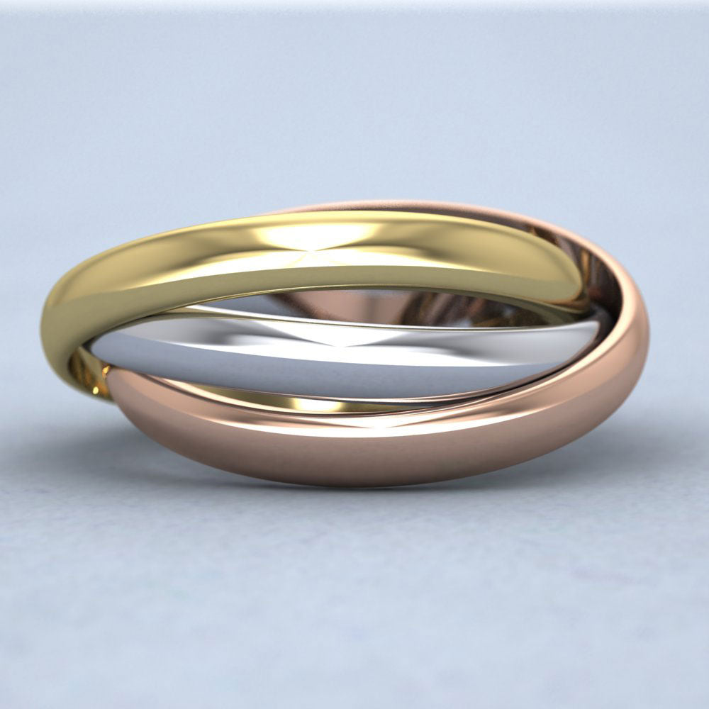 Three Colour 3mm Interlocking Wedding Rings In 9ct Yellow, White And Rose Gold Down View