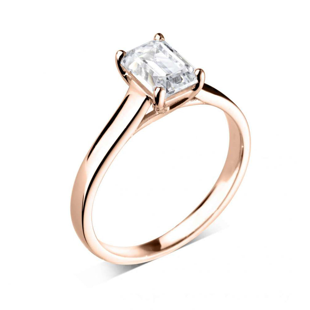 18ct rose gold emerald cut four claw diamond ring