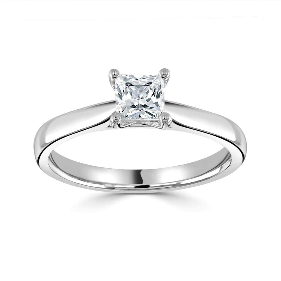 18ct White Gold Princess Cut Four Claw Solitaire Diamond Ring