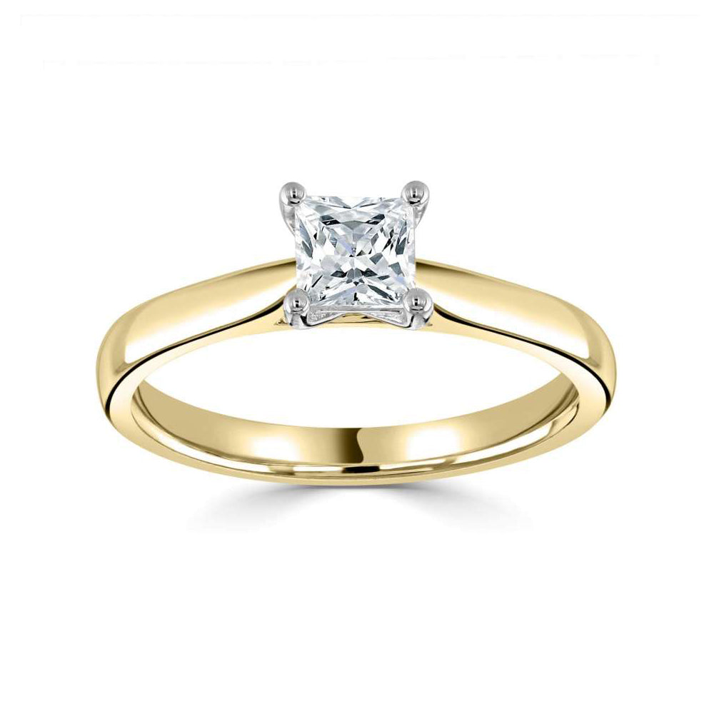 18ct Yellow Gold And Platinum Square Princess Cut Four Claw Diamond Ring