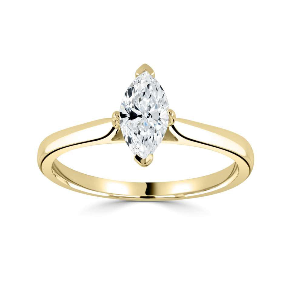 18ct Yellow Gold Marquise Cut Four Claw Solitaire Diamond Ring